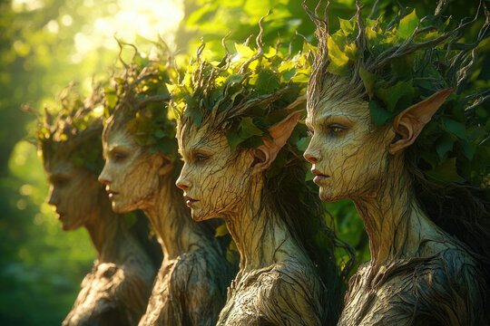 Three tree nymphs stand in profile, their bark-like skin and leafy crowns embodying nature's mystical beauty.
