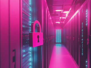 Cybersecurity concept: a padlock icon overlaid on a server room background