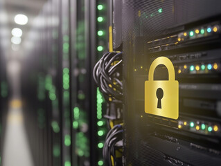 Cybersecurity concept: a padlock icon overlaid on a server room background