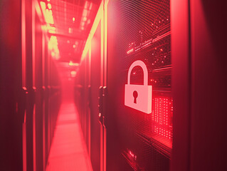 Cybersecurity concept: a padlock icon overlaid on a server room background