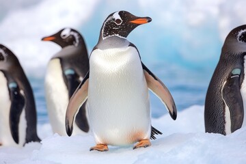 Fototapeta premium A group of penguins standing on the snowy ground, perfect for winter-themed illustrations or educational materials