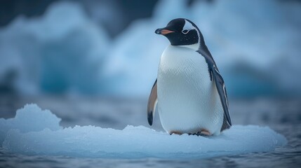 Fototapeta premium A penguin stands on the edge of a chunk of ice, looking out at the surrounding environment