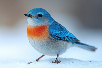 Obraz premium A bright blue and orange bird stands still in the snow, perhaps looking for food or shelter