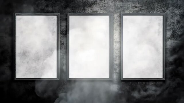 Empty frames arranged on a dark textured background with smoke effects in a creative display setting