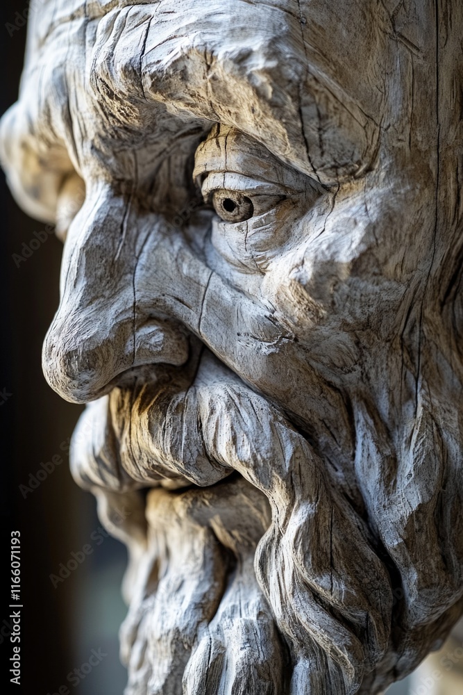 Poster a detailed view of a statue depicting a bearded man, ideal for use in historical or cultural context