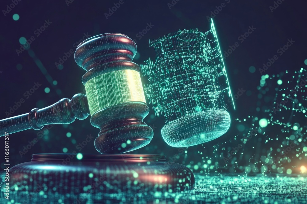 Poster A judge's gavel on a desk with a circuit board in the background, suitable for technology and justice themed projects