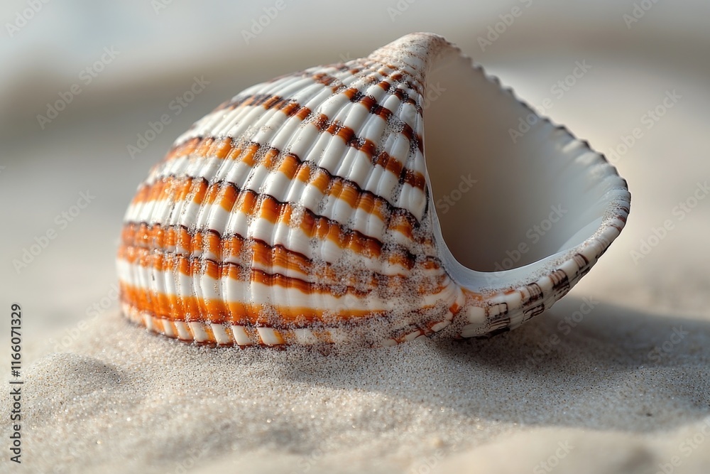 Poster a close-up shot of a shell found on the beach, with fine details and texture