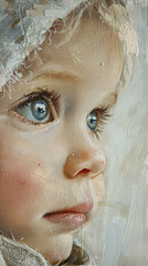 A soft, close-up oil painting of a toddler with big, expressive eyes and a gentle gaze, painted in warm, natural tones on canvas, capturing their innocence.