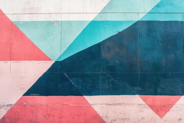 abstract urban wall with geometric patterns in teal and pink