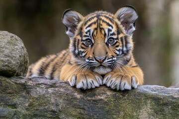 A young tiger rests on a rocky outcropping, its fur fluffed for warmth