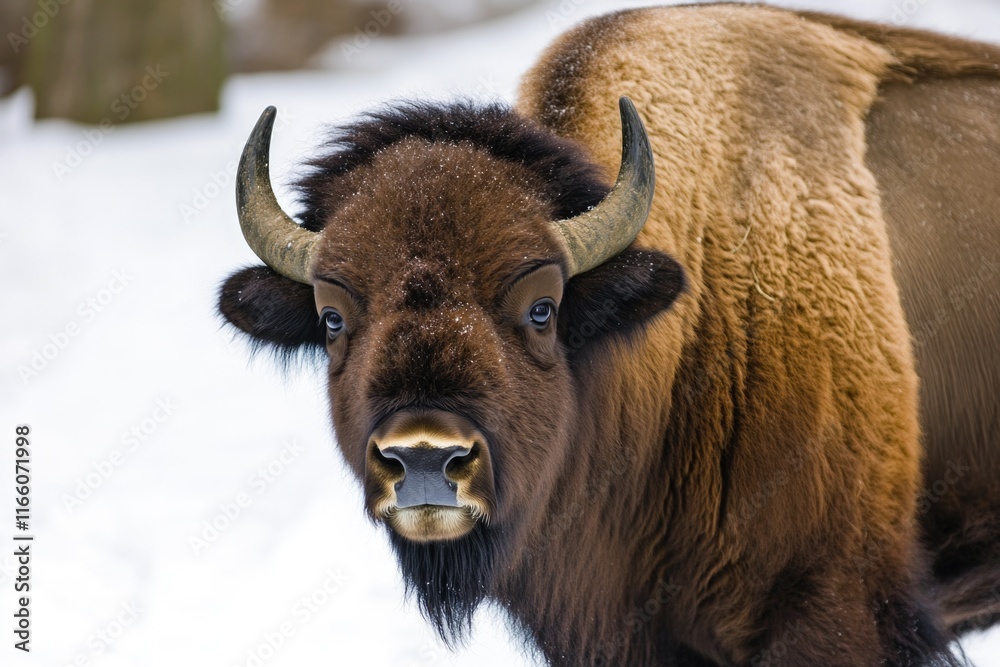 Wall mural Close-up view of a bison standing in snowy terrain