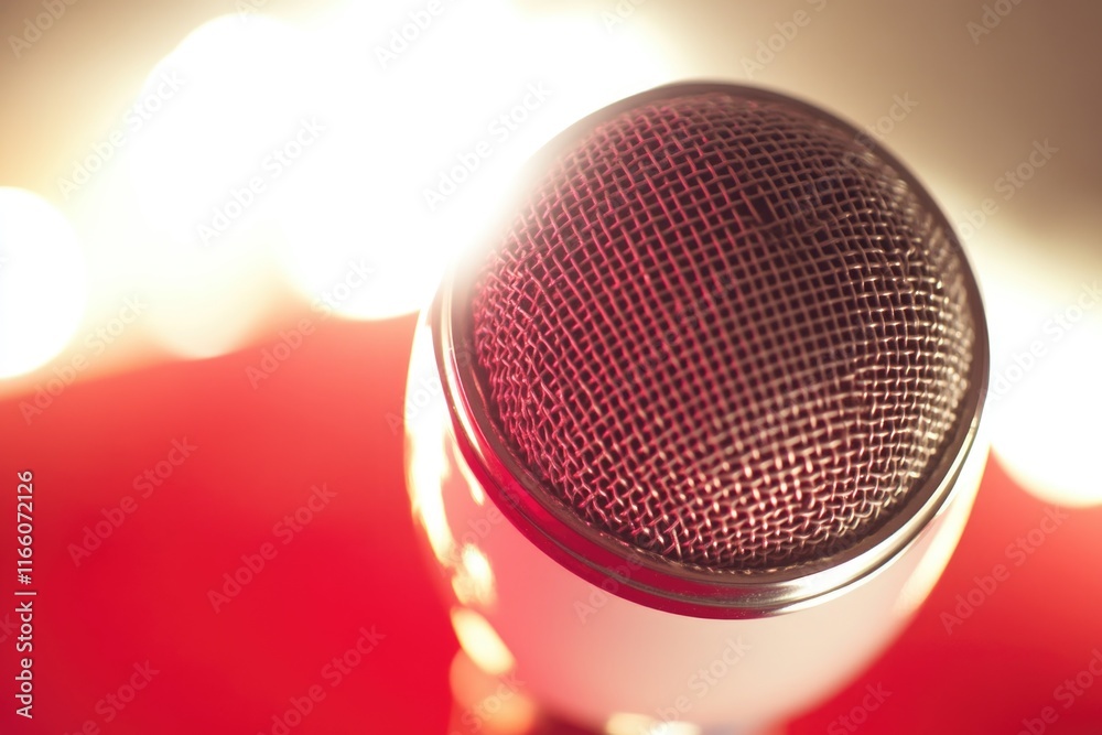Poster Close-up shot of a microphone on a bright red surface, ideal for use in audio-related contexts such as music production or podcasting