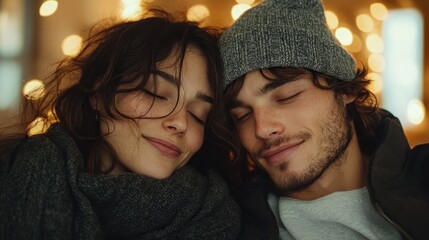 This image captures a couple sharing a warm hug, exuding love and joy, emphasizing their emotional bond and the cozy atmosphere surrounding them during a quiet moment.