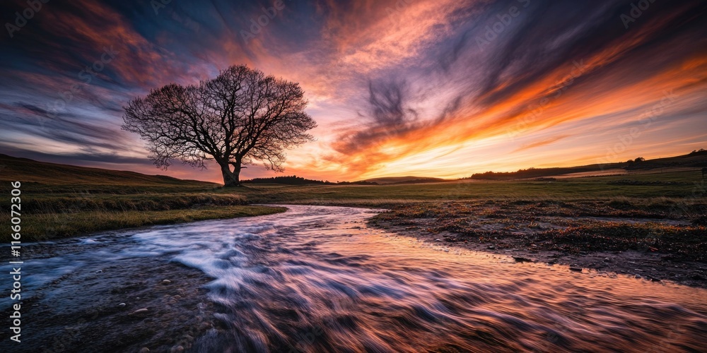 Aufkleber a single tree stands in a green field with a beautiful sunset in the background