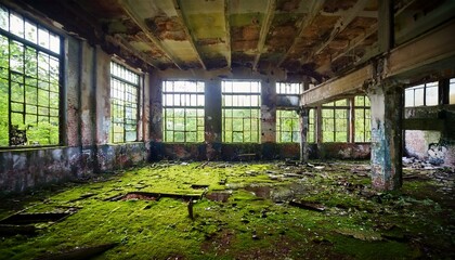 廃墟になった古い工場の室内。割れた窓、苔むした床。（Interior of an old abandoned factory with broken windows and mossy floors.）
