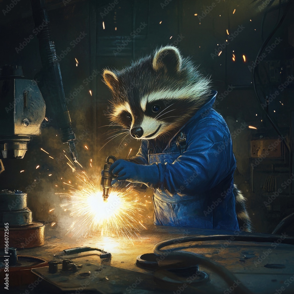 Poster a raccoon wearing a blue jacket is busy working on a piece of metal, highlighting its resourcefulnes