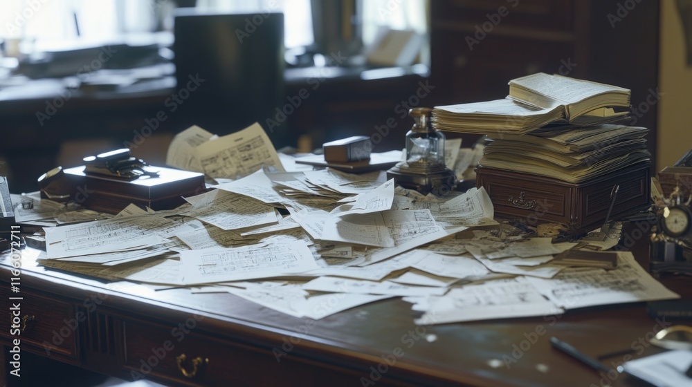 Poster a typical office desk scene with a pile of papers and files