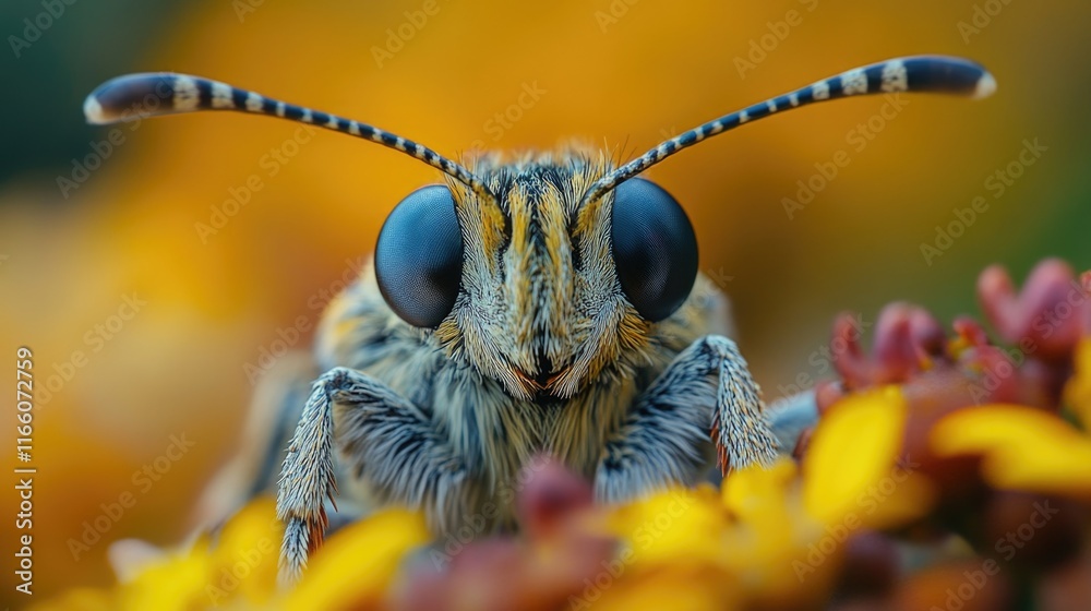 Poster close-up shot of a bug's face on a flower, offering a unique perspective on nature and insects