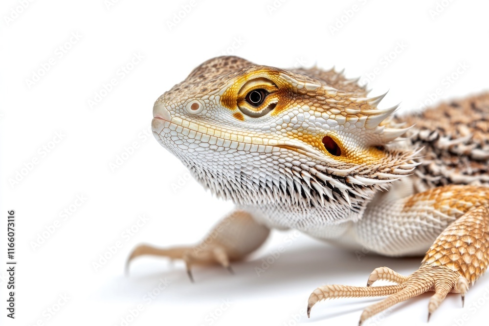 Poster A close-up photo of a lizard sitting on a white surface, focusing on its scaly texture and subtle expressions