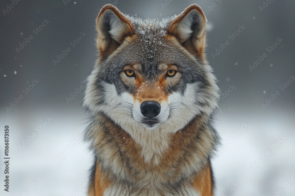 Poster a close-up shot of a wolf's face in snowy environment