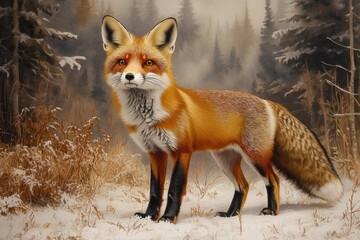 Obraz premium A fox stands in the snow, possibly hunting or exploring