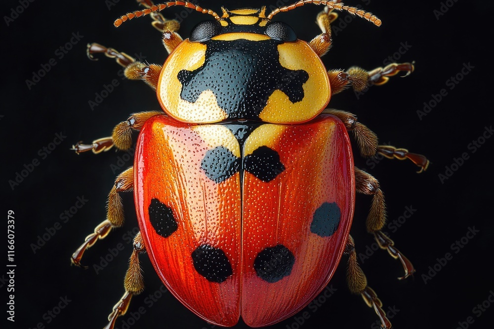 Poster a detailed view of a red and black beetle, showing its shell and legs