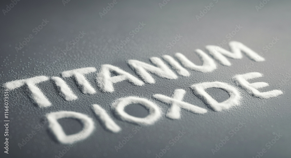 Poster titanium dioxide text on a surface with fine powder of titanium and dioxide particles in a close-up 