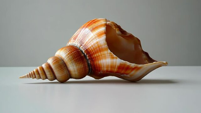 Large spiral seashell resting on a smooth surface with warm natural lighting in a minimalist setting