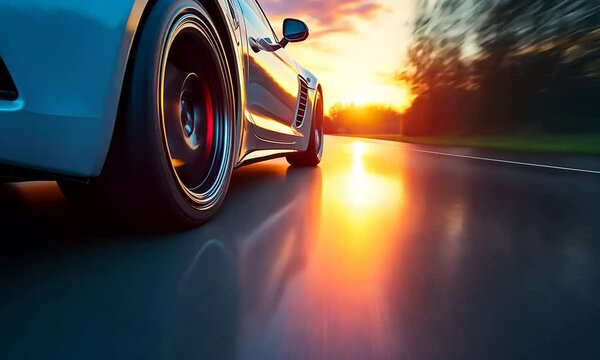 A dynamic shot of a car speeding on a wet road during sunset.