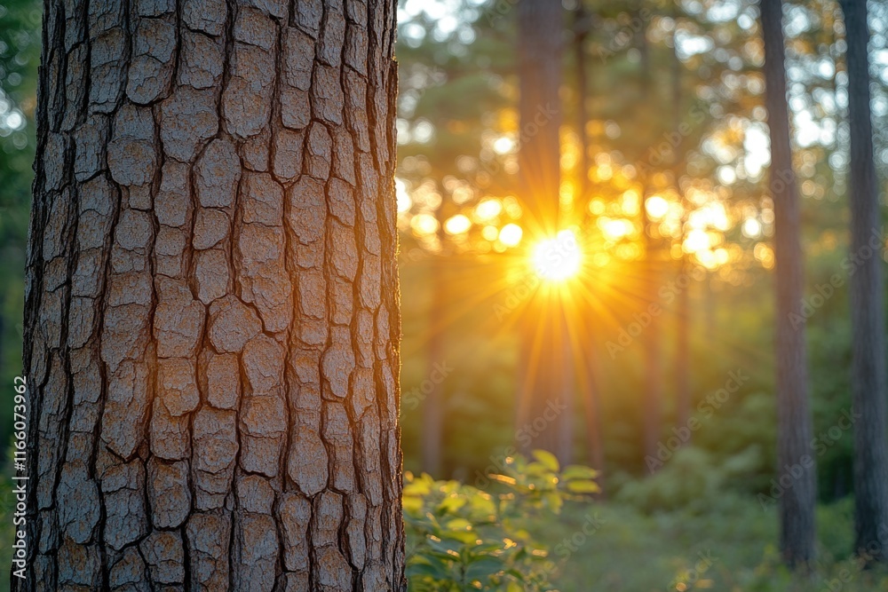 Poster a bright sunbeam illuminates a dense forest with tall trees, highlighting the dappled patterns on th