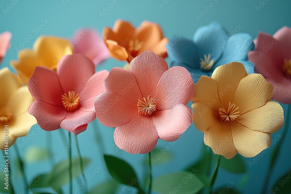Poster a close-up view of a colorful bouquet of artificial paper flowers
