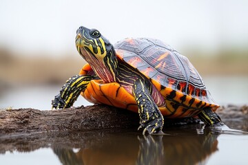 A turtle sits on top of a log near a body of water, great for nature and wildlife scenes