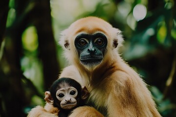 Obraz premium A close-up shot of a monkey cradling a baby monkey in its arms