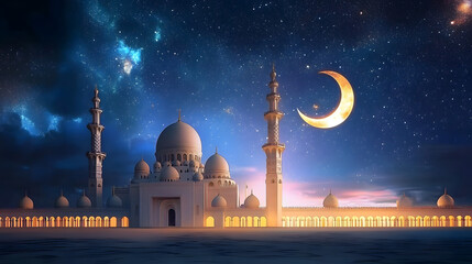 A serene illustration showcasing a grand mosque under a starry night sky with a crescent moon, symbolizing the start of the holy month of Ramadan.