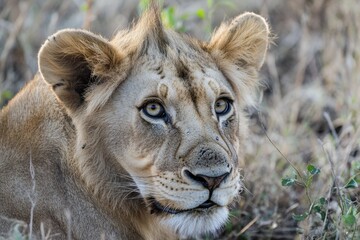 Obraz premium Close-up shot of a lion in a natural environment, suitable for wildlife or nature-themed projects