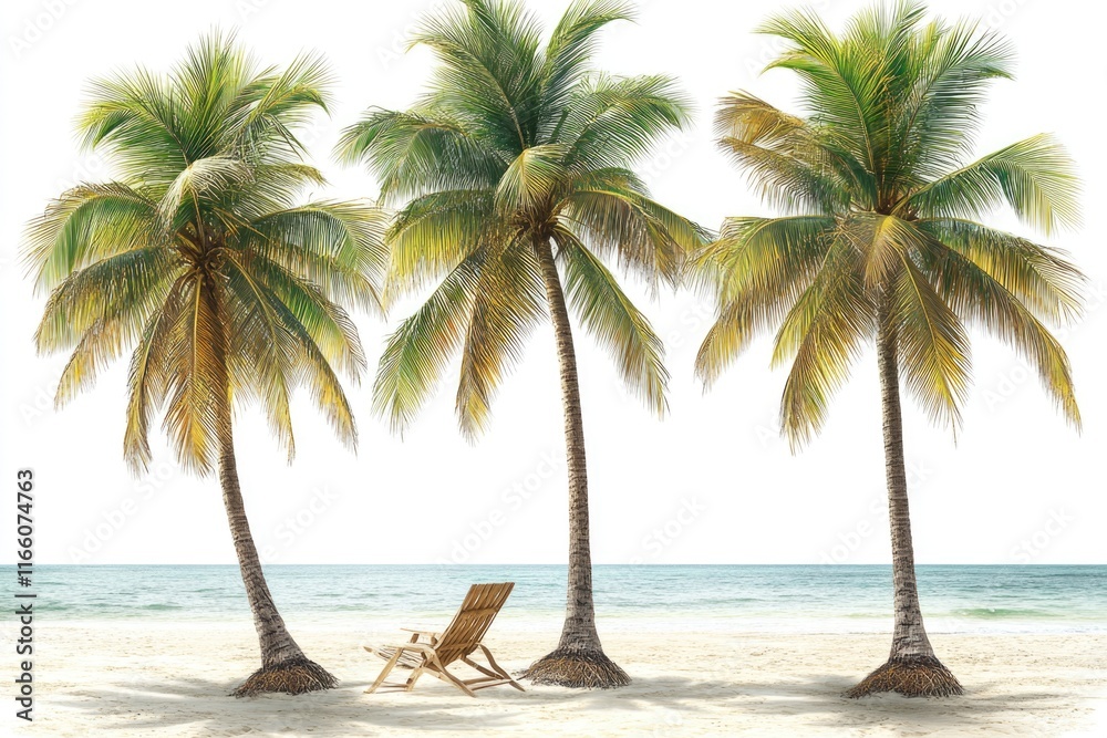 Poster cozy beach setting with three palm trees and a single chair, perfect for relaxation