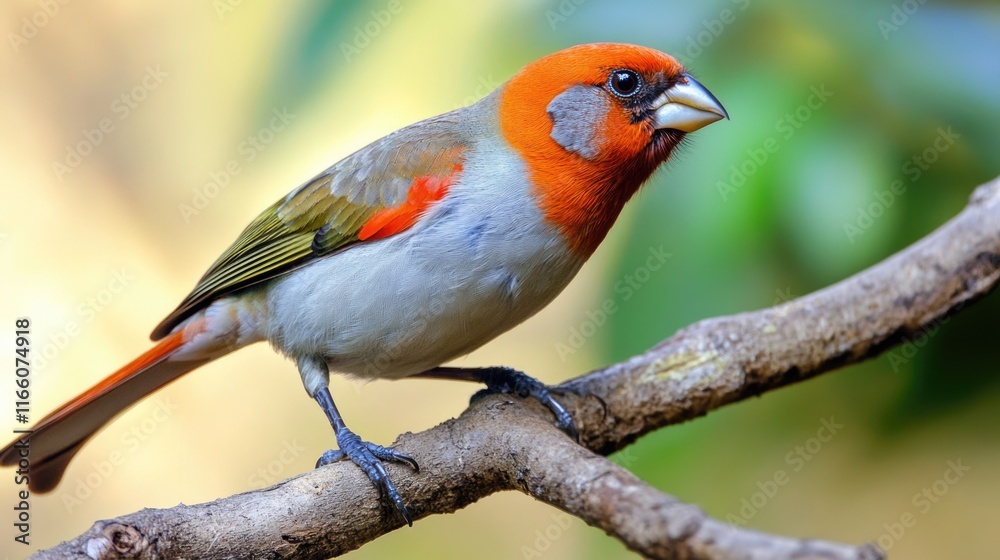 Poster a small bird sits on the edge of a tree branch, possibly singing or looking out at its surroundings