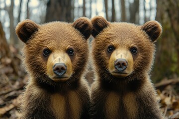 Obraz premium Wildlife scene of two brown bears standing together in a forest