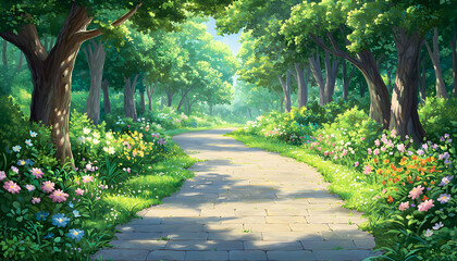 Obraz premium Serene stone path winding through a lush, vibrant forest garden, bathed in sunlight; idyllic, tranquil summer scene.