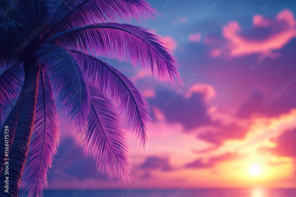 Poster a palm tree stands tall on a sandy beach as the sun sets in the background