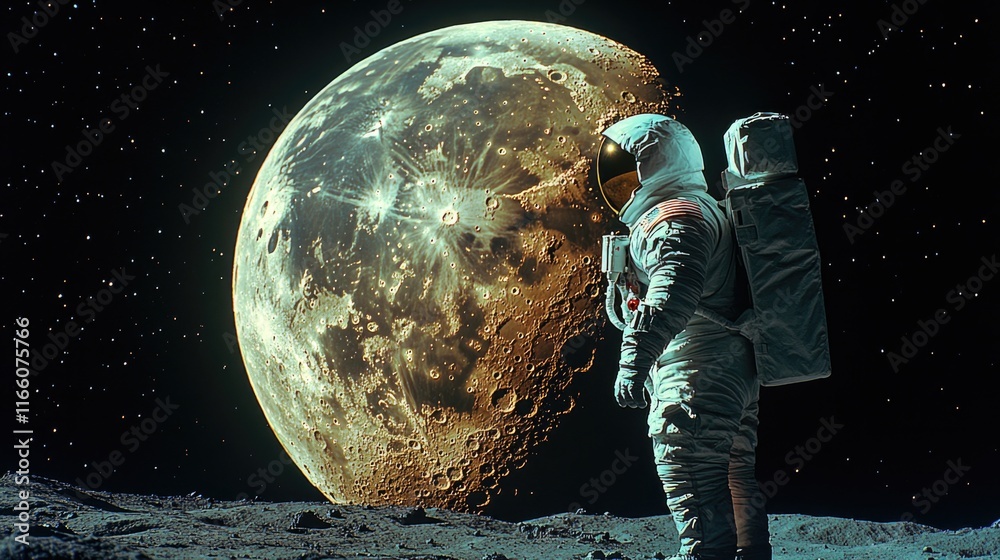 Poster astronaut stands on lunar surface, exploring the moon's terrain