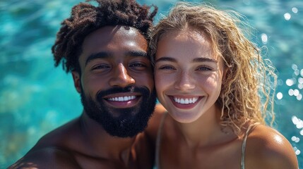 Fototapeta premium A couple poses for a photo shoot in a calm body of water