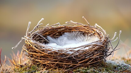 Migratory Birds Nesting in Arctic Ecosystems, a macro photography shot of an arctic bird’s nest made from twigs and feathers, with faint frost on its edges glowing in natural light