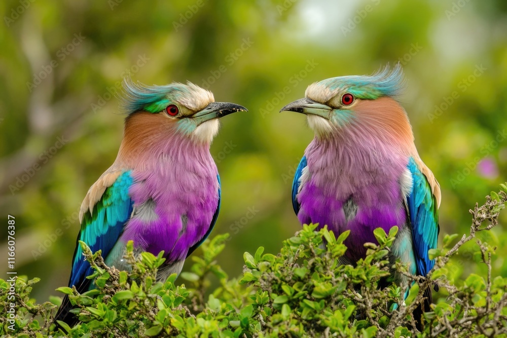 Poster two vibrant birds rest on the branches of a tree, surrounded by lush greenery
