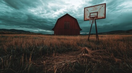 A rustic red barn standing tall in a windswept open field, accompanied by a lone basketball hoop that embodies a nostalgic rural charm amidst dark, moody clouds above.