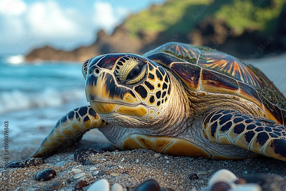 Poster a turtle resting on a sandy beach next to the ocean, suitable for use in illustrations about nature,