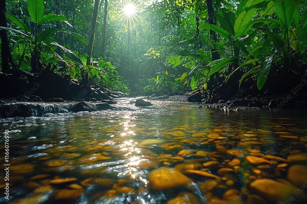 Poster A serene stream flowing through a dense and vibrant forest