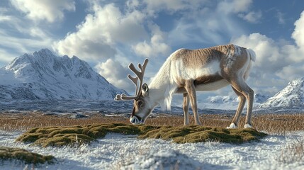 Obraz premium Unique Arctic Biodiversity in Frozen and Tundra Habitats, a realistic photo of a reindeer grazing near frozen tundra moss, with snow-covered mountains in the distance
