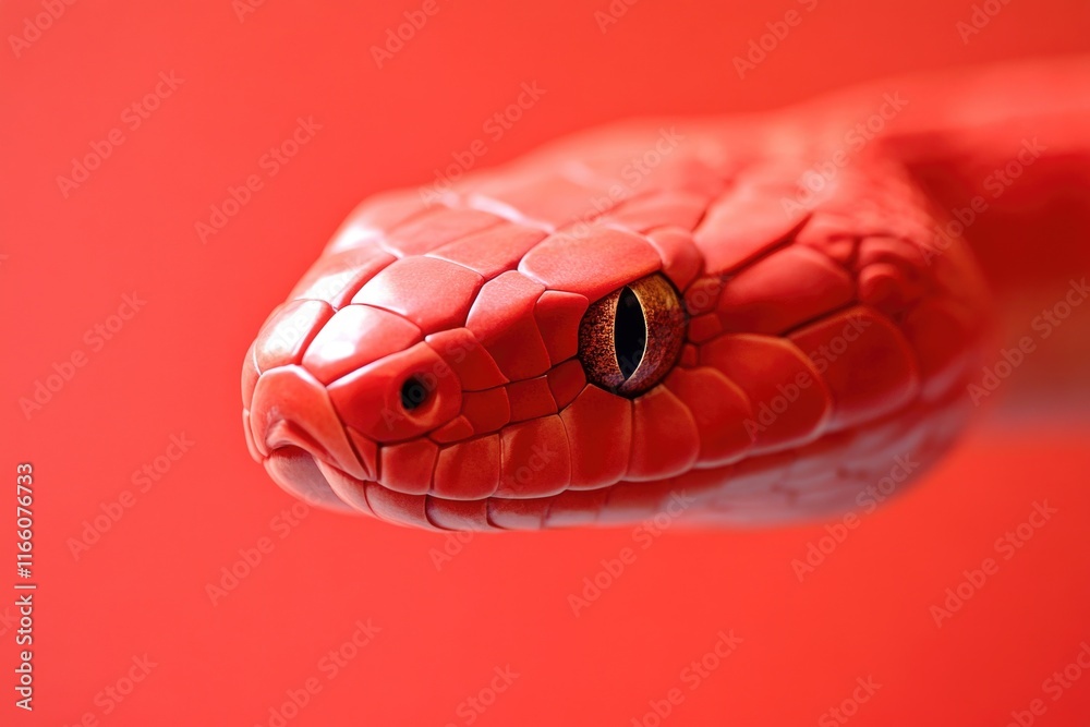 Poster a close-up view of a red snake's head, highlighting its striking features