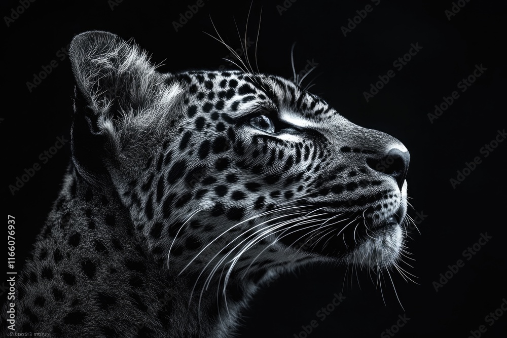 Poster a close-up image of a leopard's face in black and white, highlighting its distinctive markings